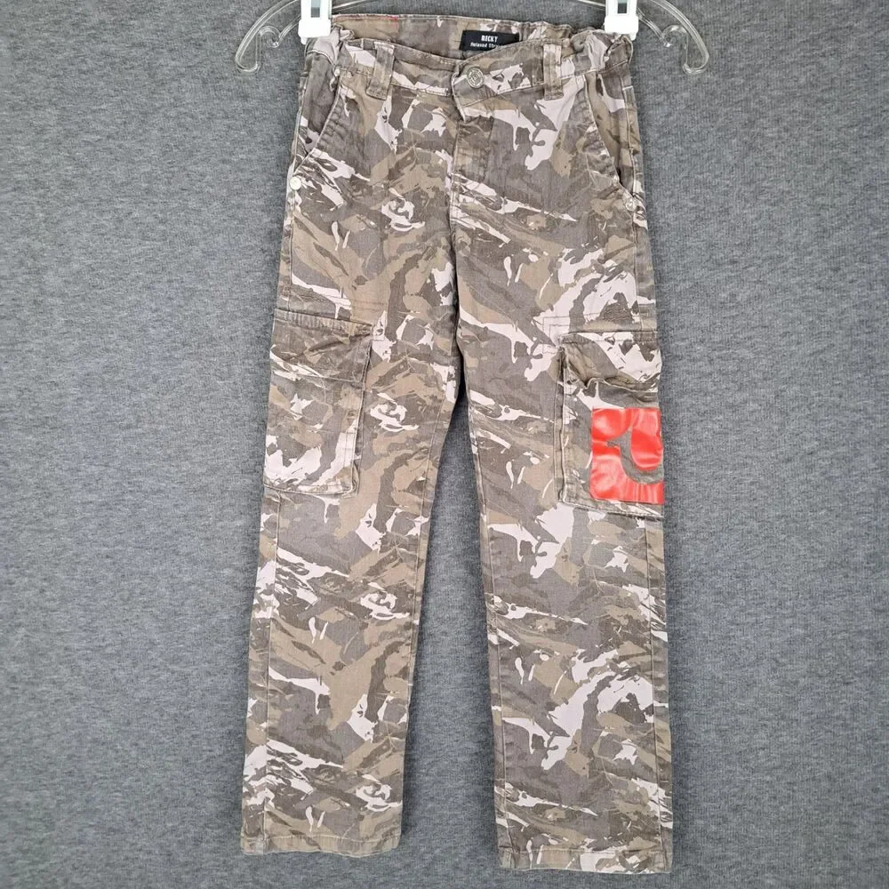 True Religion Boys Camo Cargo Pants in Tan and White with Orange Patch